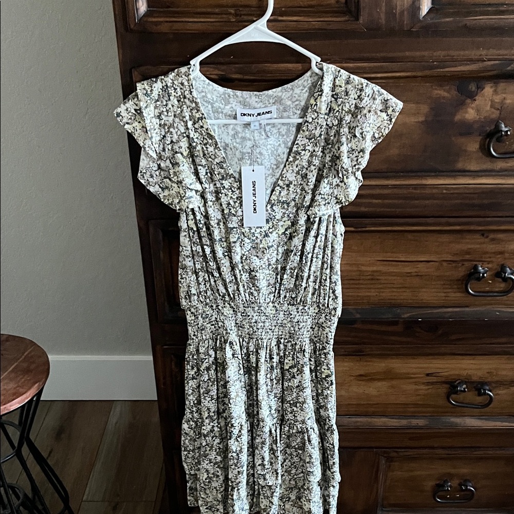 Dkny Cream and Brown Floral Smocked-Waist Mini Dress